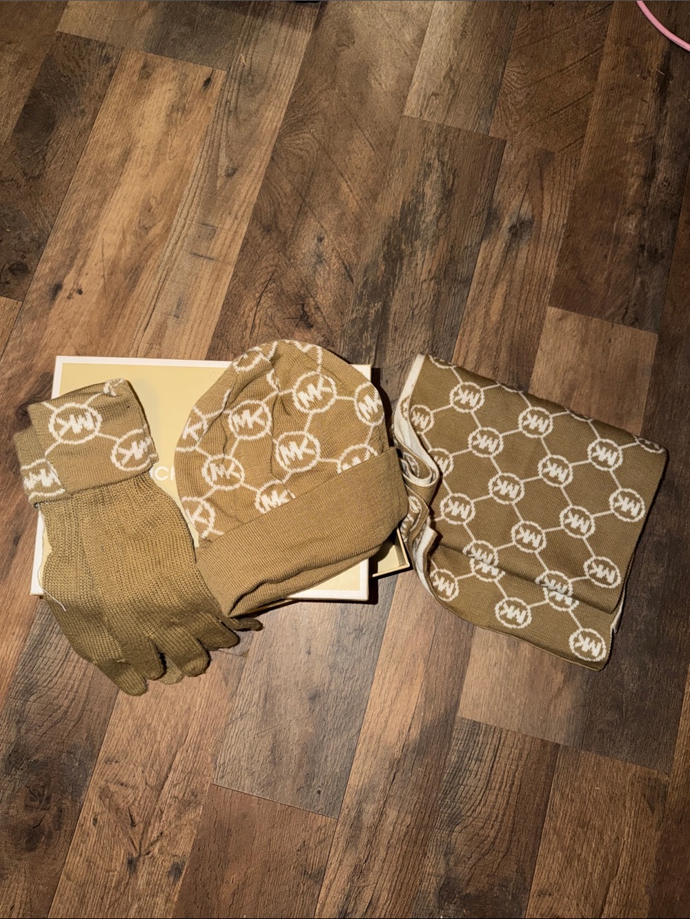 Michael Kors Men's Tan and White MK Logo Knit Hat, Scarf & Gloves Set